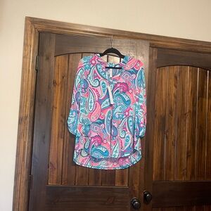 Paisley V-Neck Blouse in Pink and Turquoise